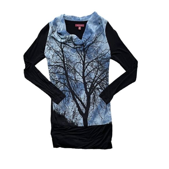 TED BAKER Silk Front Long Sleeve Tunic Top Black Blue Size XS - Picture 1 of 5